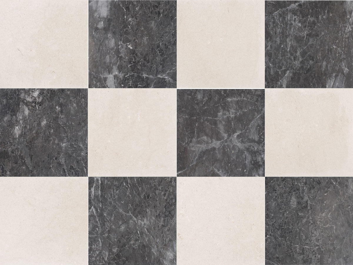 Lovina Grey Honed &amp; Simena Honed 18&#39;&#39; x 18&#39;&#39;  x 1/2&#39;&#39; Checker Board Field Tile