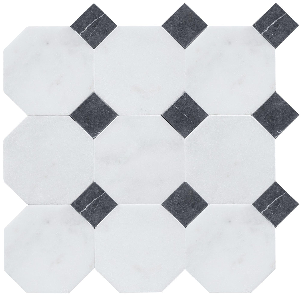 Afyon White Tumbled Octagon 8&#39;&#39; 3/8&#39;&#39; Field Tile &amp; Black Silk Tumbled 3&#39;&#39; x 3&#39;&#39;  x 3/8&#39;&#39; Field Tile | Octagon with Cabochon