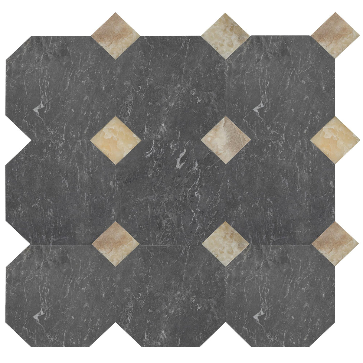 Lovina Grey Honed Octagon 12&#39;&#39; 3/8&#39;&#39; Field Tile &amp; Amber Onyx Honed 4&#39;&#39; x 4&#39;&#39;  x 3/8&#39;&#39; Field Tile | Octagon with Cabochon