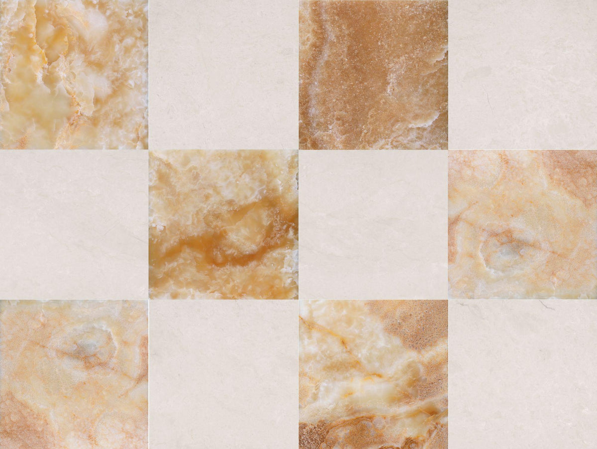 Amber Onyx Polished &amp; Crema Ella Polished 12&#39;&#39; x 12&#39;&#39;  x 3/8&#39;&#39; Checker Board Field Tile