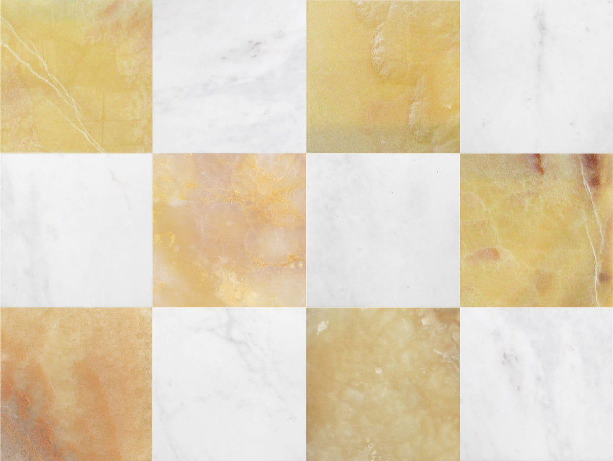 Afyon White Polished &amp; Honey Onyx Polished 12&#39;&#39; x 12&#39;&#39;  x 3/8&#39;&#39; Checker Board Field Tile