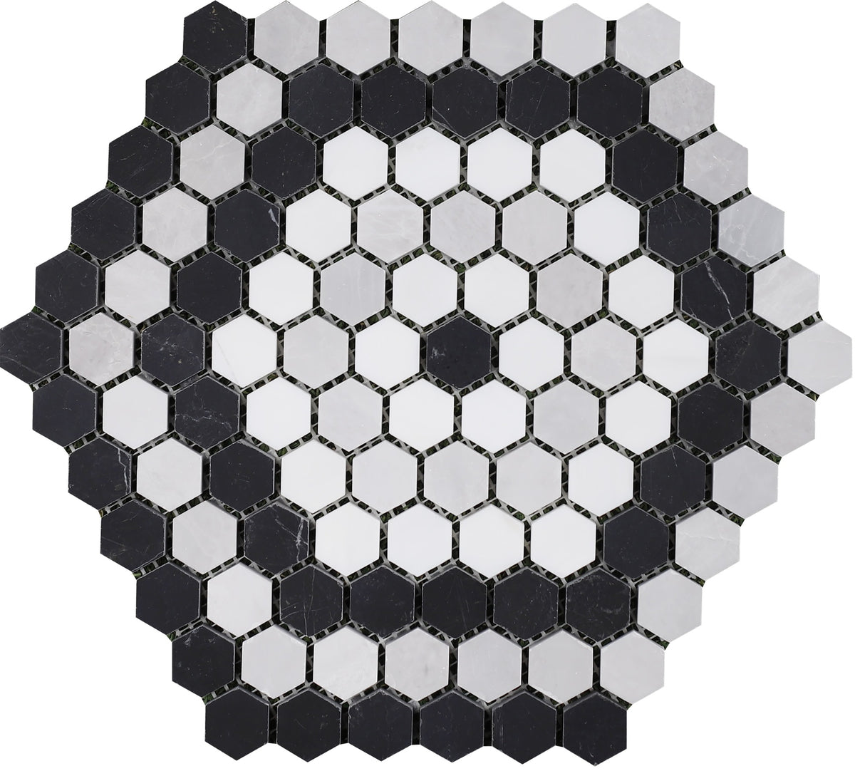 Black Silk &amp; Glacier White &amp; Ice Grey Hexagon 1&#39;&#39; Honed Mosaic